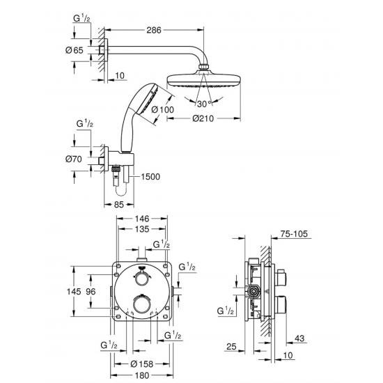 Potinkinis dušo komplektas Grohe, Grohtherm Perfect Tempesta 210