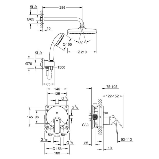 Potinkinis dušo komplektas Grohe, Eurosmart Cosmopolitan Perfect Tempesta 210
