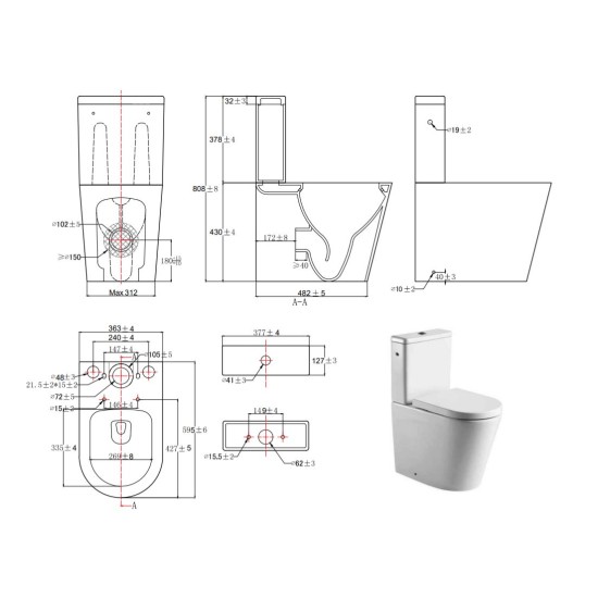 Pastatomas WC SAT, Brevis Rimfree, su lėtai nusileidžiančiu dangčiu, pilnai pristatomas