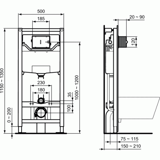 WC rėmo komplektas Ideal Standard ProSys, su WC Tesi Aquablade ir soft-close dangčiu Silk Black M1