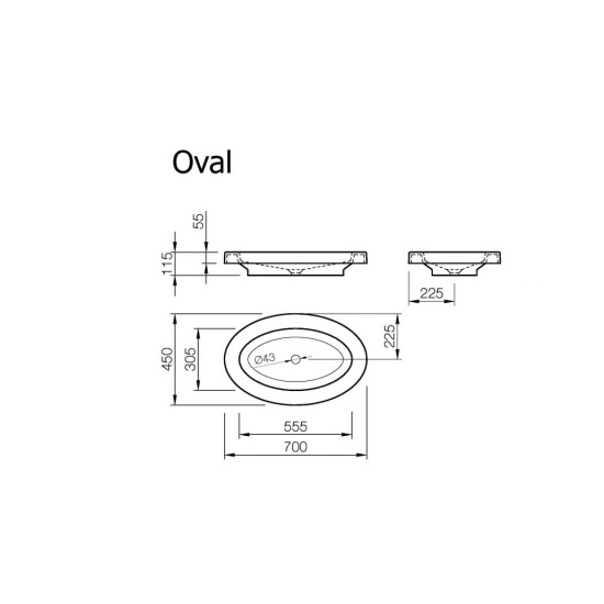 Praustuvas VISPOOL Oval 70x45, baltas, su skyle maišytuvui