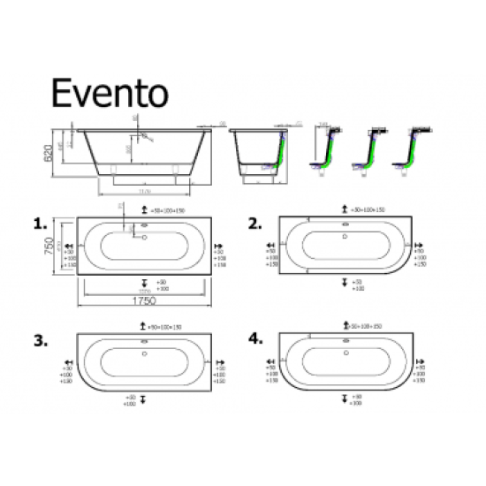 Akmens masės vonia Vispool Evento, 175x75 cm apvalinti du kampai balta