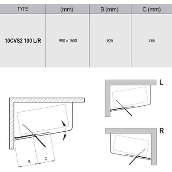 Varstoma vonios sienelė Ravak 10°, 10CVS2-100 R satinas+stiklas Transparent